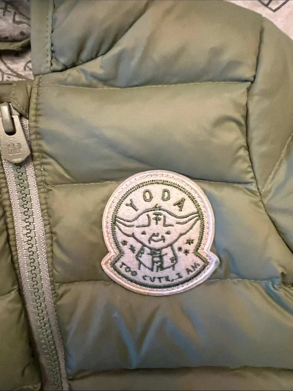 Star Wars Baby Gap Olive Green Puffer Jacket with Yoda Patch and Yoda hood